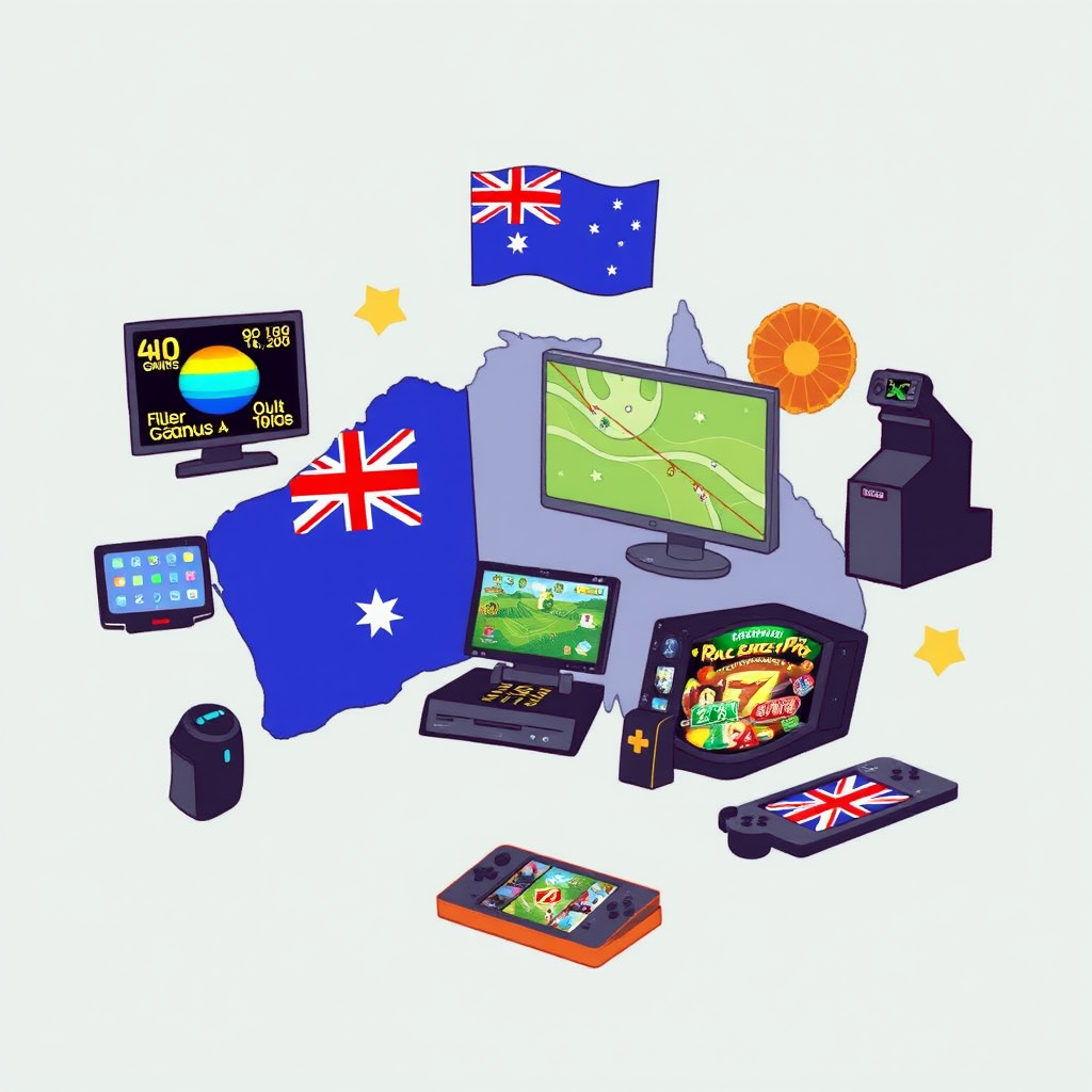 Australian gaming guide illustration showing various gaming platforms and devices with Australian flag elements
