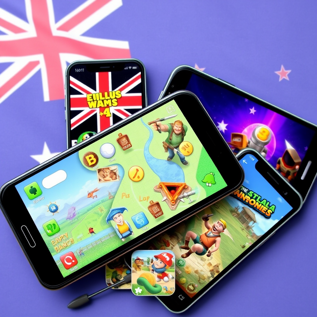 Collage of popular mobile gaming app icons and screenshots showing puzzle games, strategy titles, and action games on smartphone screens with Australian flag elements in the background
