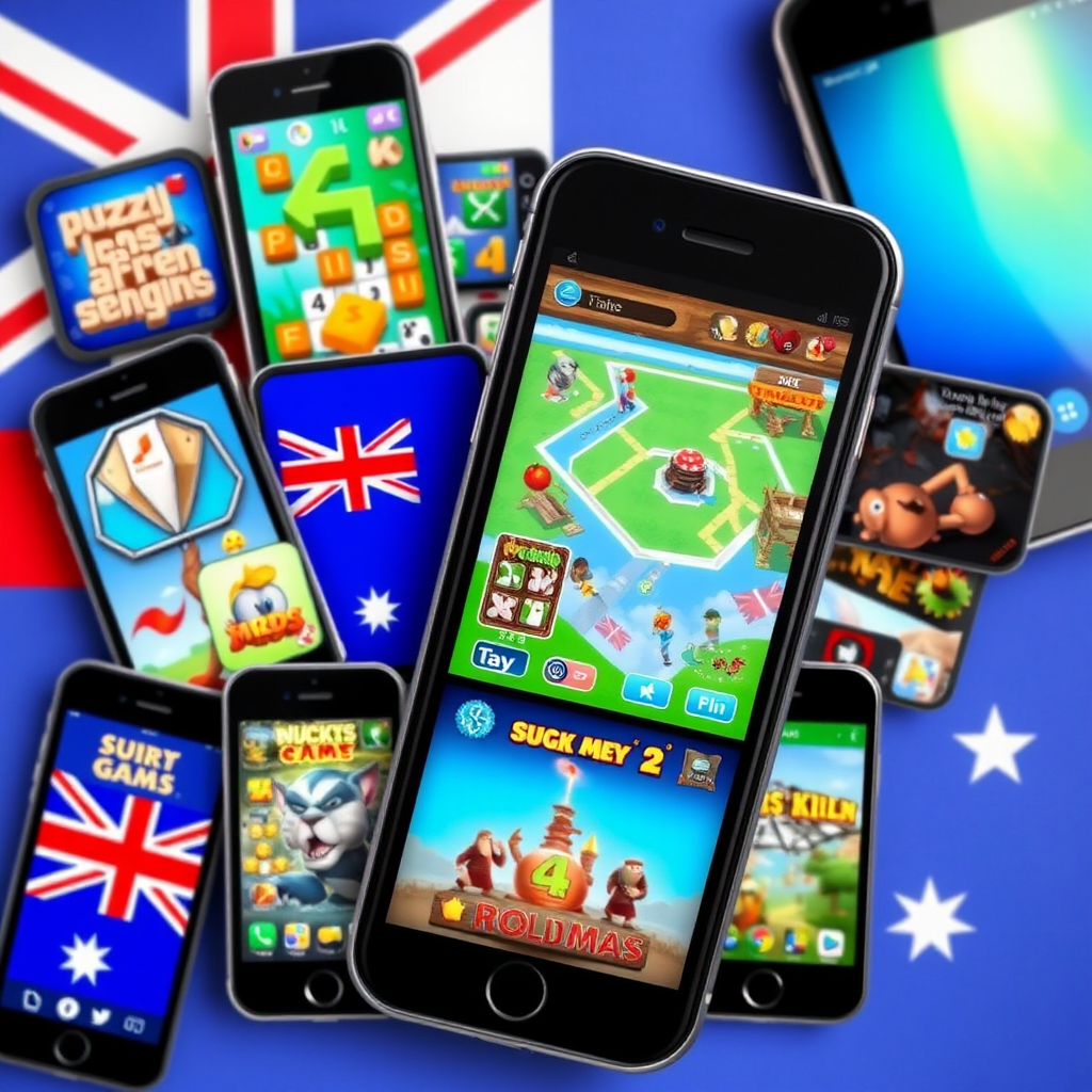 Collage of popular mobile gaming app icons and screenshots showing puzzle games, strategy titles, and gaming interfaces on smartphone screens with Australian flag elements in the background