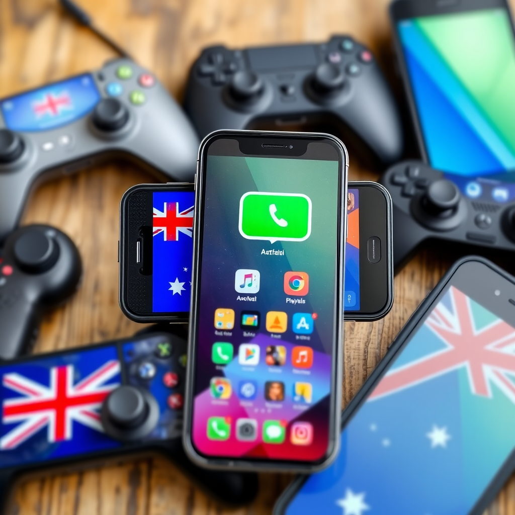 Collage of popular mobile gaming apps displayed on smartphones with Australian flag elements and gaming controllers in the background