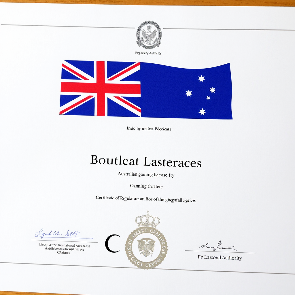 Official Australian gaming license certificate with government seal and regulatory authority logos displayed on a professional document