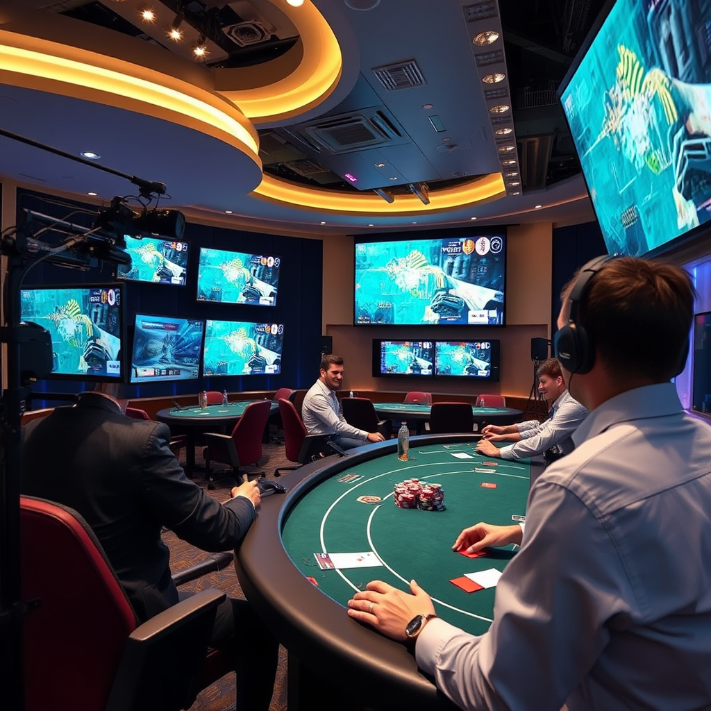 Modern live gaming studio with professional dealers, multiple camera angles, and high-tech streaming equipment broadcasting interactive casino games to Australian players