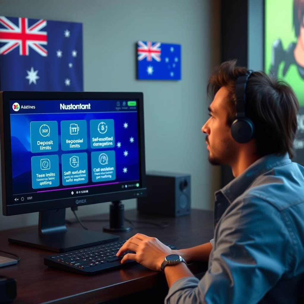 Australian player sitting at computer with gaming interface showing responsible gaming tools like deposit limits, time limits, and self-exclusion options, with Australian flag elements in background