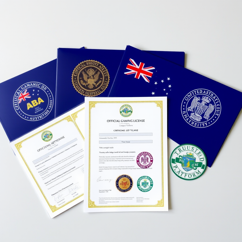 Professional image showing official gaming license certificates, regulatory documents, and Australian government seals with legal compliance symbols and trusted platform badges