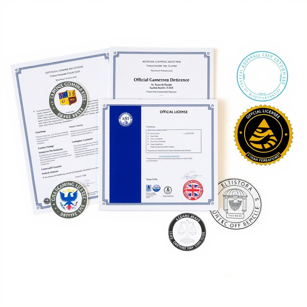 Professional image showing official gaming license documents, regulatory badges, and certification seals with Australian government emblems and legal compliance symbols