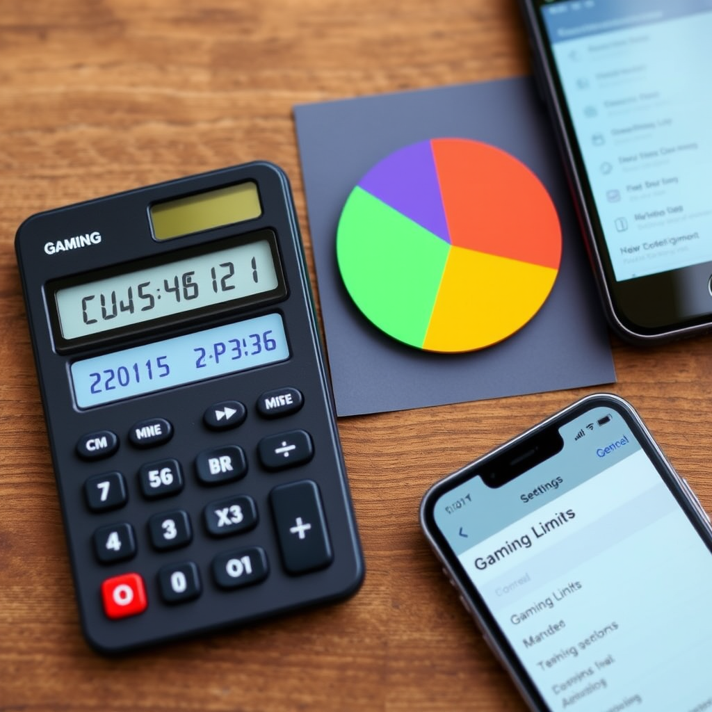 Digital calculator showing gaming budget breakdown with Australian dollar amounts, pie chart displaying entertainment budget allocation, and smartphone displaying gaming limit settings