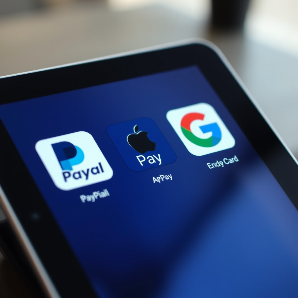 Modern digital wallet interface showing PayPal, Apple Pay, and Google Pay logos on a tablet screen with security encryption symbols