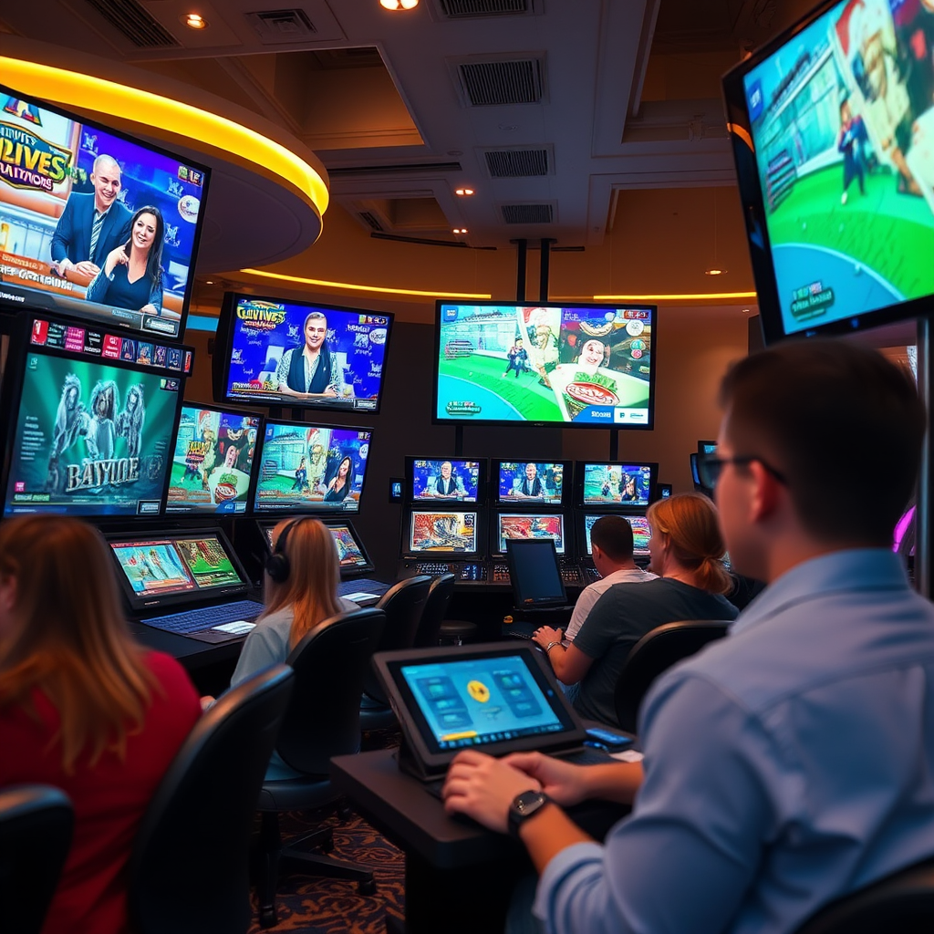 Dynamic scene showing live gaming setup with multiple screens displaying interactive games, live dealers, streaming technology, and Australian players engaging with real-time gaming experiences