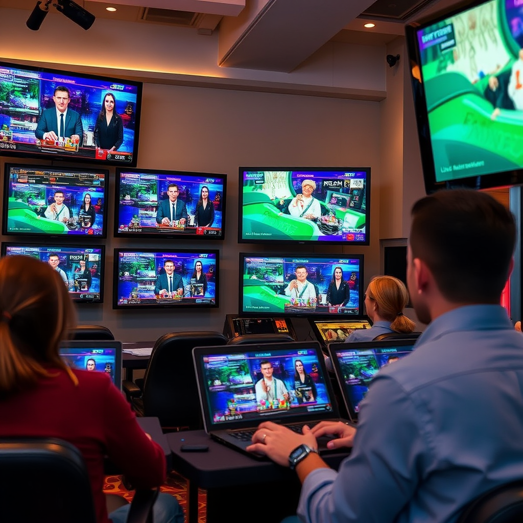 Dynamic scene showing live gaming setup with multiple screens displaying real-time gaming action, live dealers, interactive streaming interfaces, and Australian players engaging with live entertainment platforms