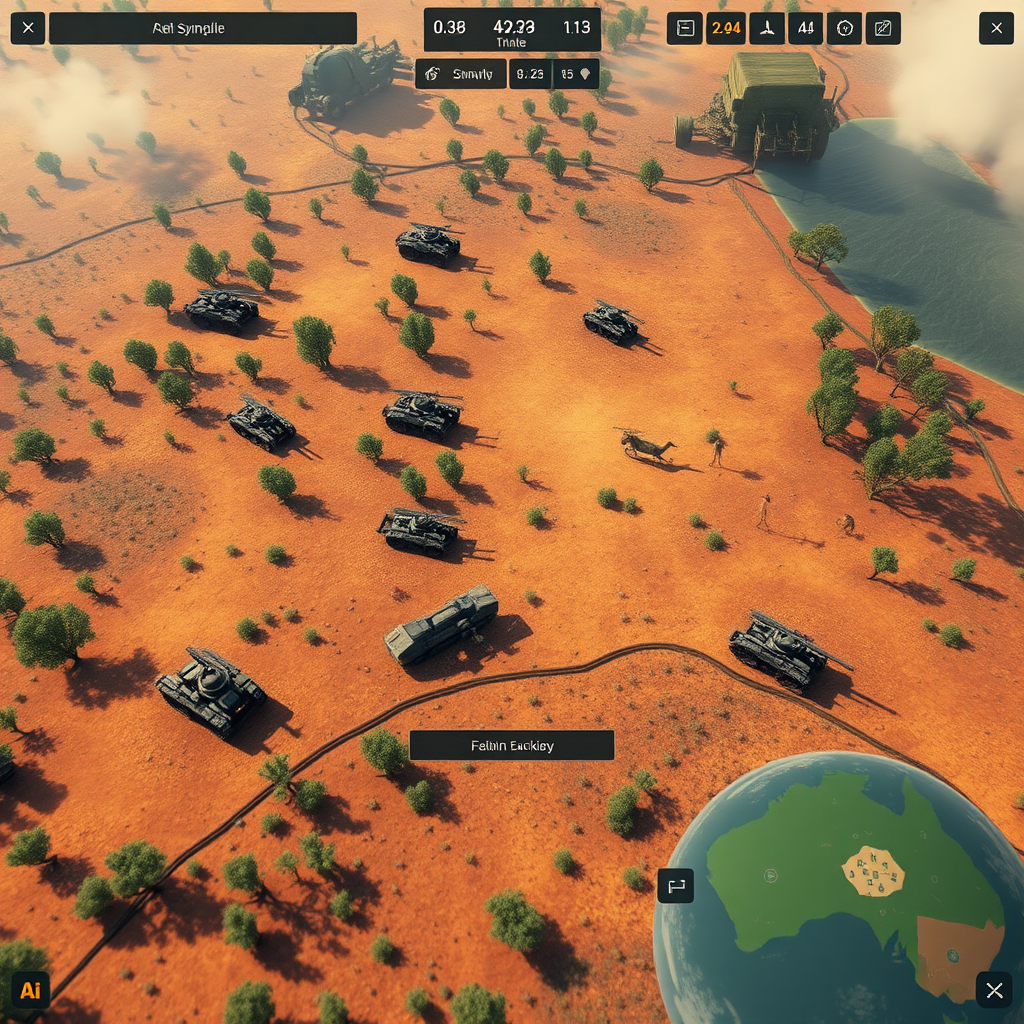 Strategic war game showing Australian outback terrain with military units and tactical gameplay interface