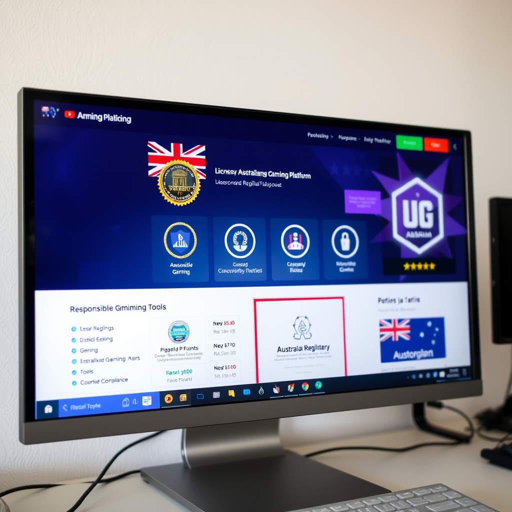 Computer screen showing licensed Australian gaming platform interface with visible security badges, responsible gaming tools menu, and Australian regulatory compliance certificates