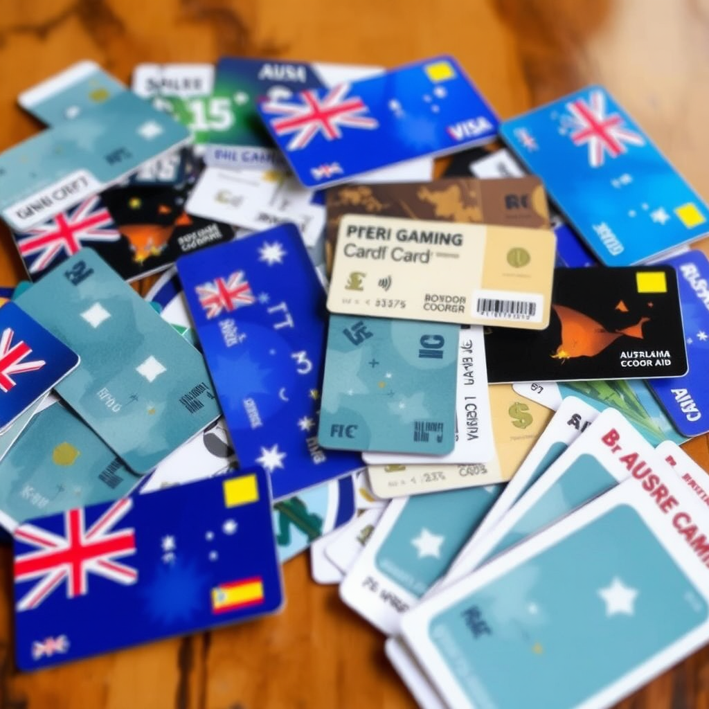 Collection of prepaid gaming cards and vouchers spread on a table with Australian dollar symbols and security features visible