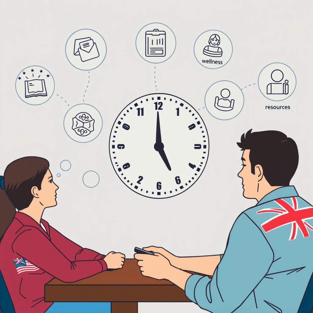 Thoughtful image depicting balanced gaming lifestyle with clock showing time limits, wellness symbols, support resources icons, and Australian players practicing healthy gaming habits in a calm environment