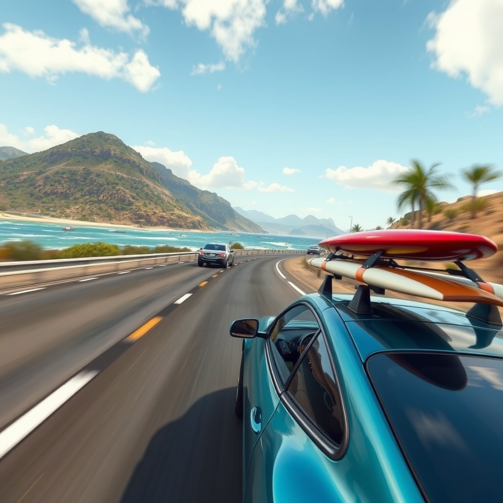 High-speed racing game featuring Australian coastal roads, surfboards on car roofs, and scenic beach landscapes