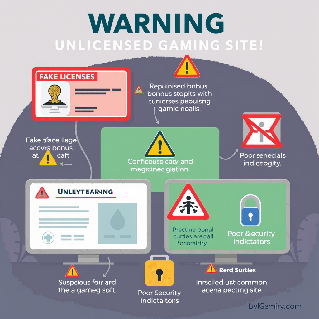 Warning illustration showing common red flags of unlicensed gaming sites including fake licenses, suspicious bonus offers, and poor security indicators