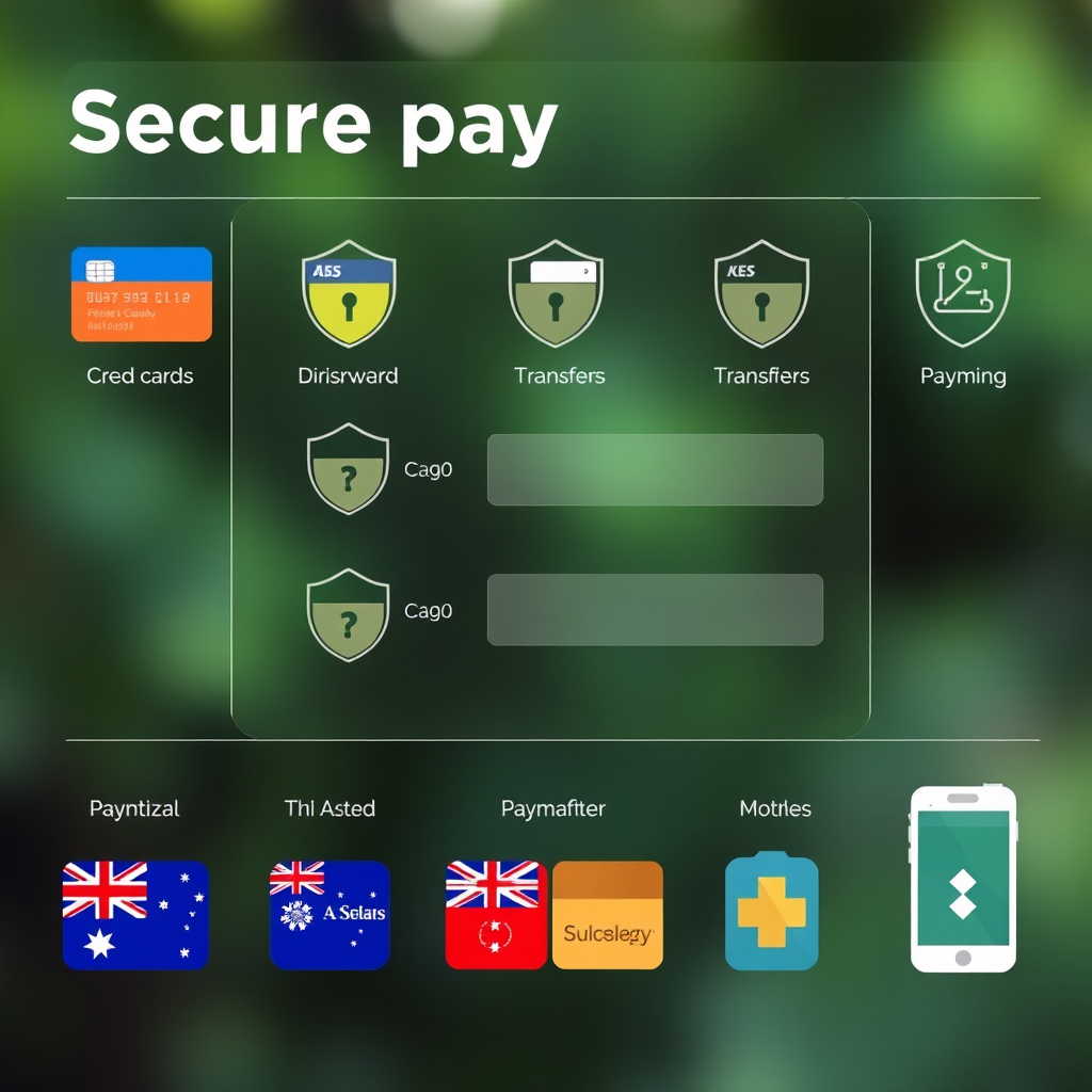 Secure payment interface showing various payment options including credit cards, digital wallets, bank transfers, and mobile payment apps with security shields and Australian banking logos