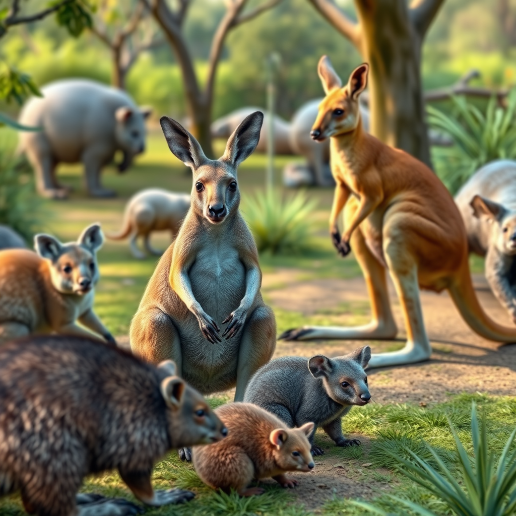 Simulation game showing Australian native animals like kangaroos, koalas, and wombats in a beautifully designed wildlife sanctuary