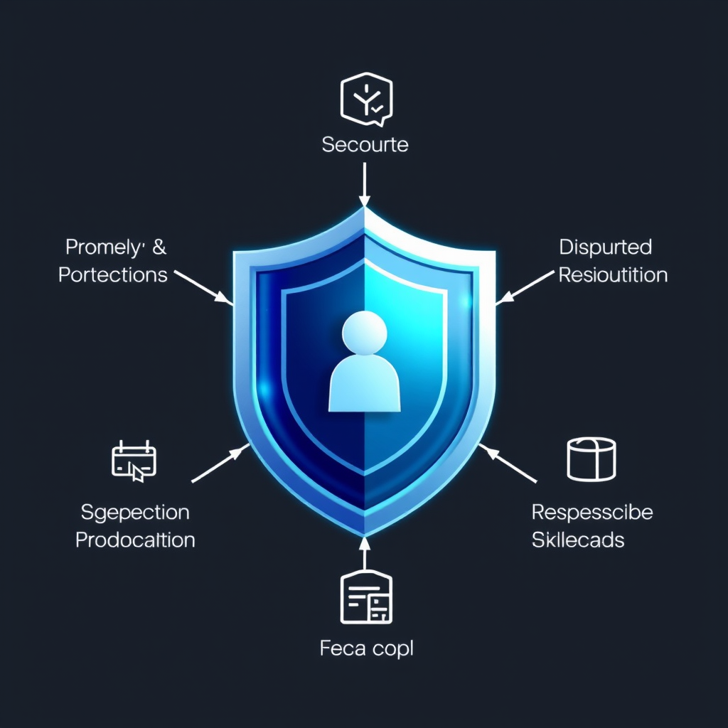 Digital shield icon representing player protection with various security features like fund segregation, dispute resolution, and responsible gaming tools highlighted around it