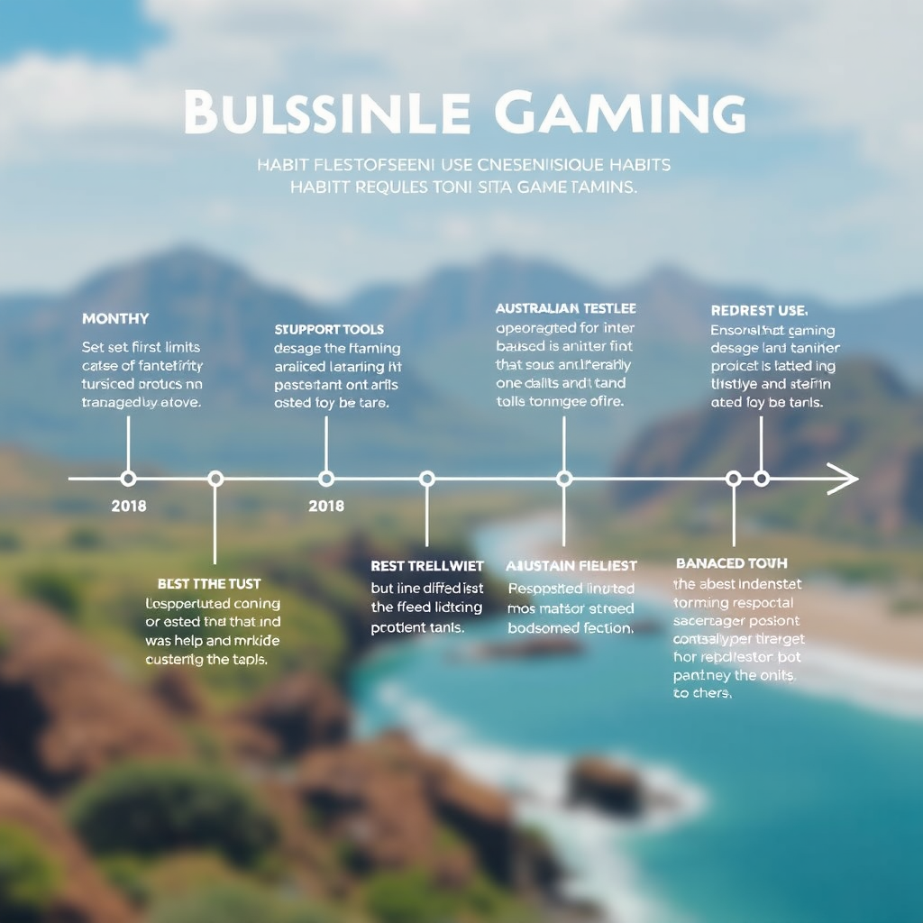 Timeline infographic showing progression of responsible gaming habits over months, with milestones like setting first limits, using support tools, and maintaining balanced lifestyle, set against Australian landscape background