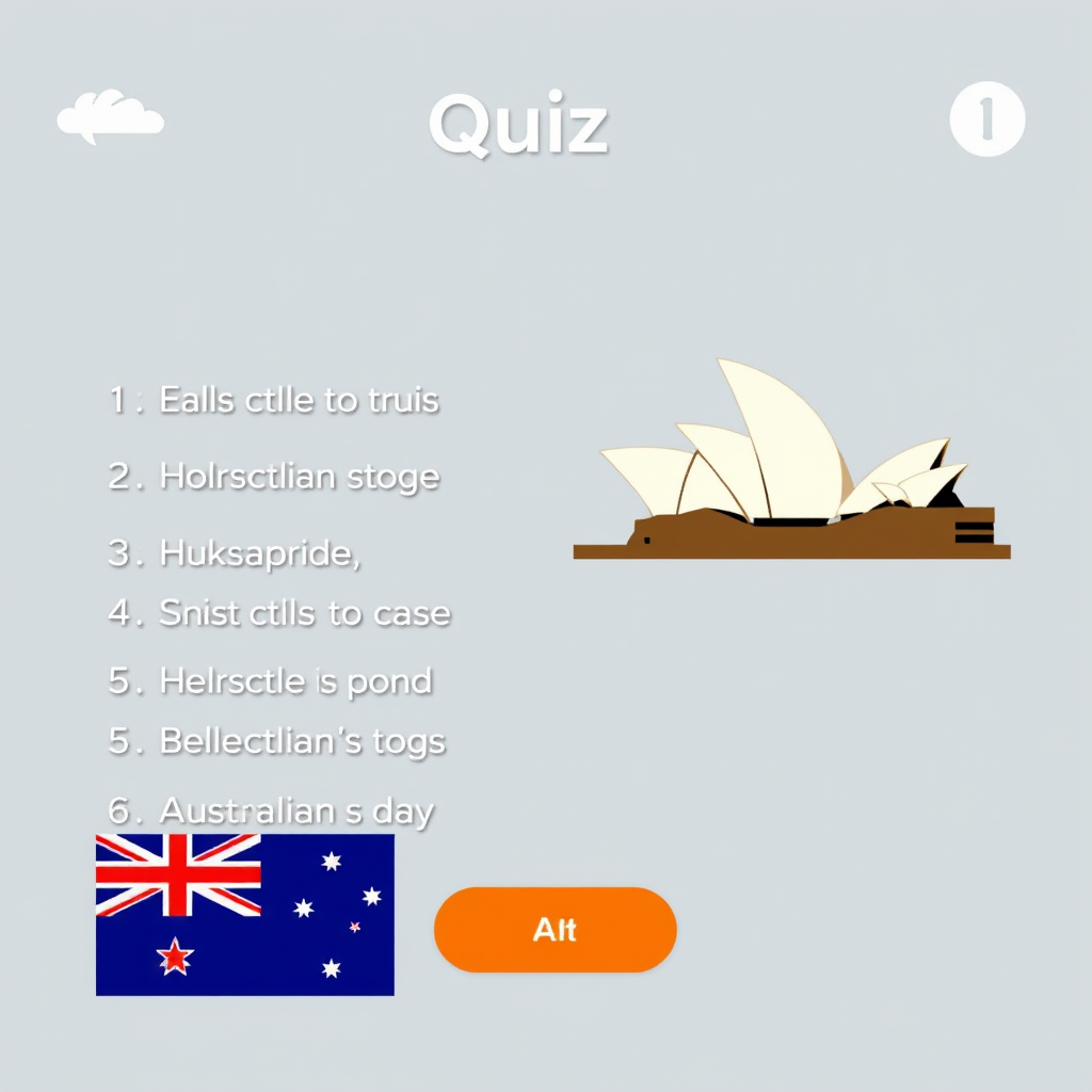 Quiz game interface displaying Australian trivia questions with iconic symbols like the Sydney Opera House and Australian flag