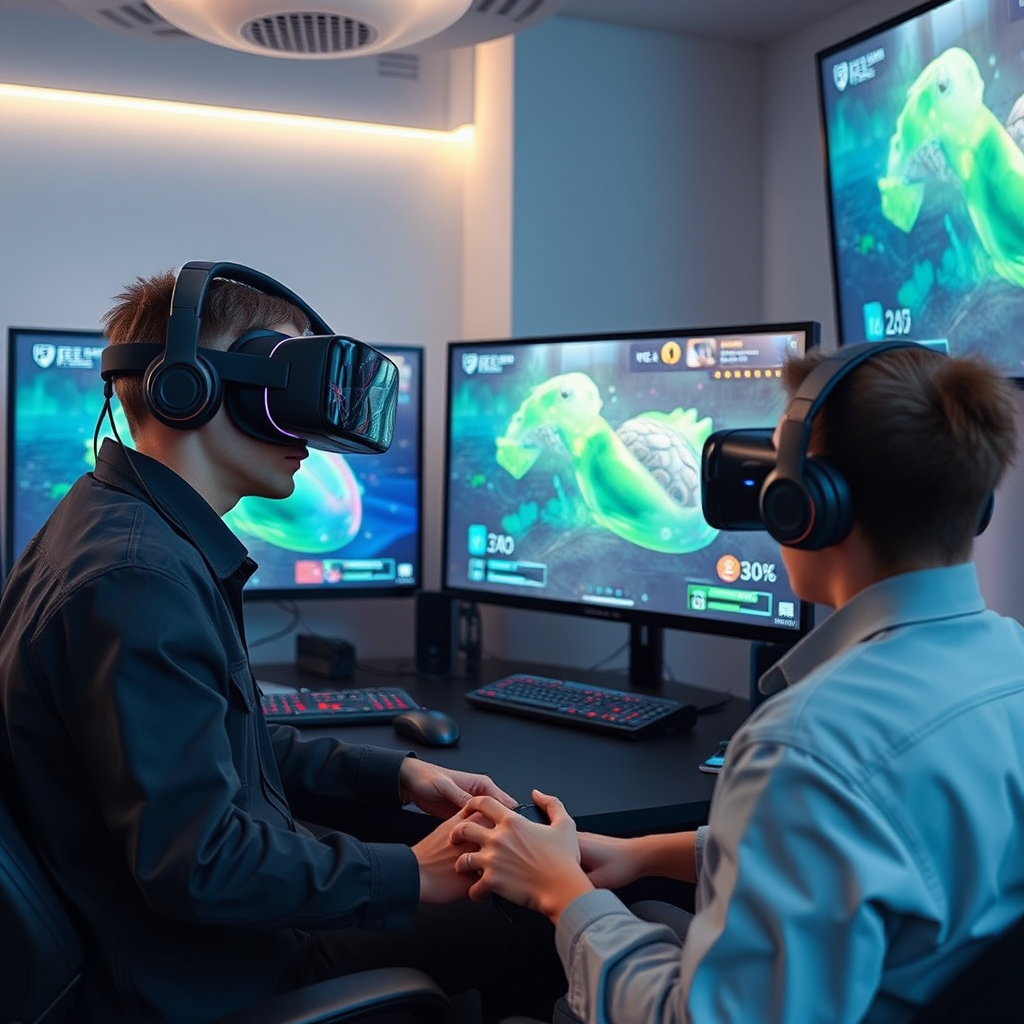 Futuristic gaming setup showing virtual reality headsets, augmented reality displays, and next-generation streaming technology for Australian live gaming experiences